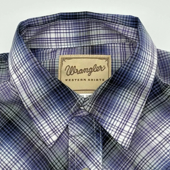 WRANGLER Pearl Snap Western Shirt Long Sleeve Men's Size Large Purple Plaid - Picture 5 of 7